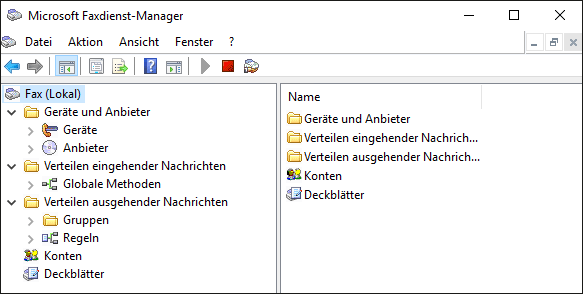 Der Microsoft Faxdienst-Manager nach der Installation der Rolle »Faxdienste«