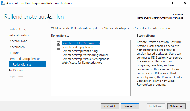 Rollendienst-Auswahl während der Installation der Remotedesktopdienste