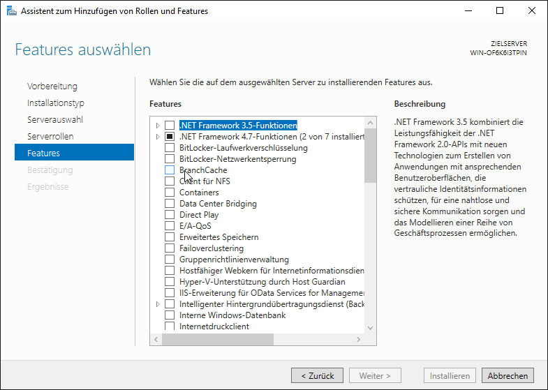 Der »Assistent zum Hinzufügen von Rollen und Features« – Features