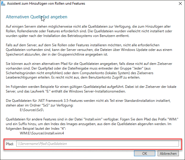 .NET Framework 3.5-Installation – alternativen Quellpfad angeben