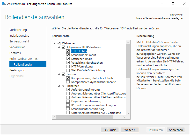 Auswahl der Rollendienste während der Konfiguration zur Webserver-Installation