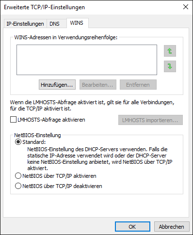 Option zum Aktivieren bzw. Deaktivieren von »NetBIOS over TCP/IP«