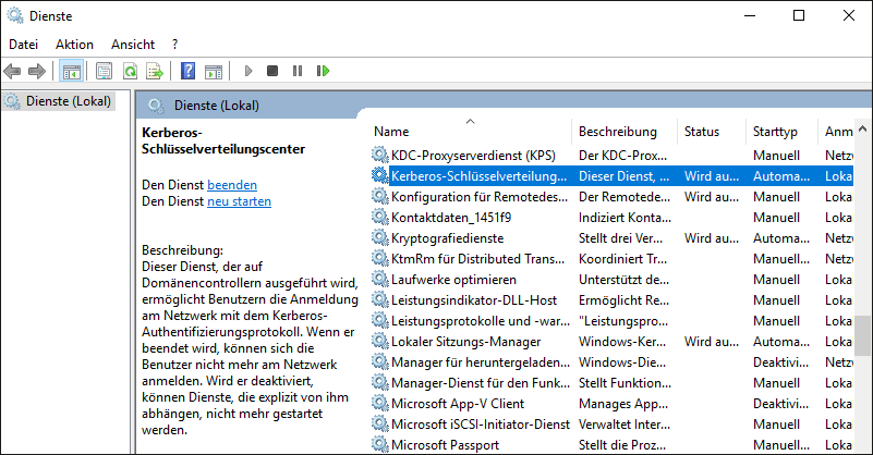 Der Dienst »Kerberos-Schlüsselverteilungscenter« auf einem Windows-Domänencontroller