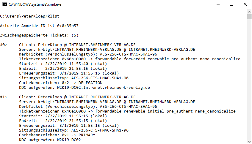 (Teilweise) Ausgabe der auf einem Client vorhandenen Kerberos-Tickets