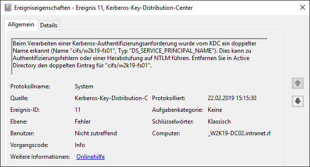 Ereignisprotokolleintrag bei einem doppelten SPN für »cifs/w2k19-fs01«