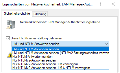 Auswahlmöglichkeit der »LAN Manager-Authentifizierungsebene«