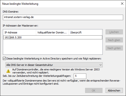 Darstellung der konfigurierten DNS-Weiterleitung