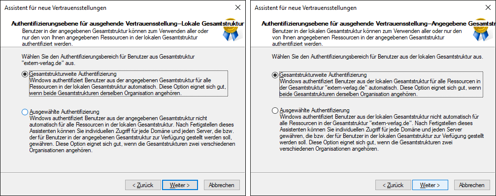 Auswahl der Authentifizierungsebene in beiden Umgebungen