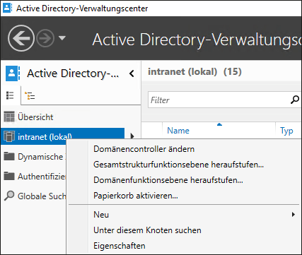 Aktivieren Sie den AD-Papierkorb über das AD-Verwaltungscenter.