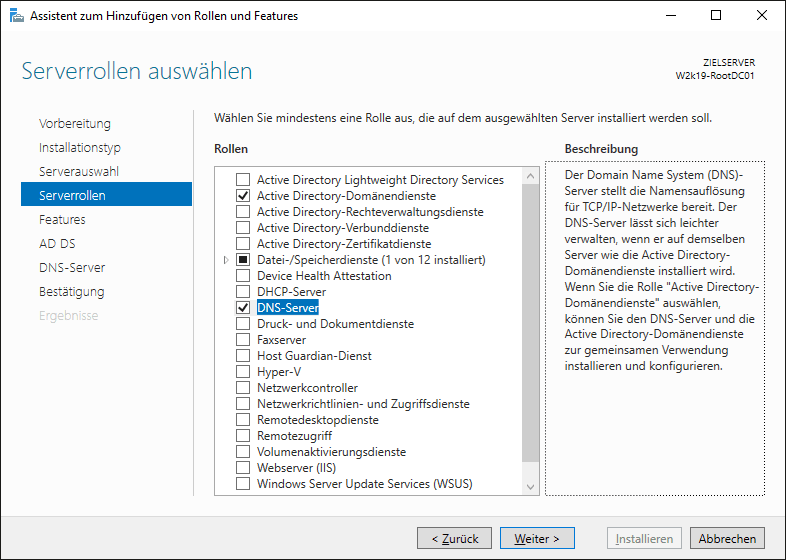 Ausgewählte Rollen, die installiert werden sollen