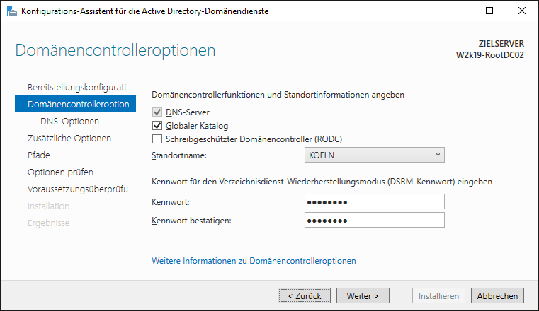 Domänencontrolleroptionen mit Standortzugehörigkeit und DSRM-Kennwort