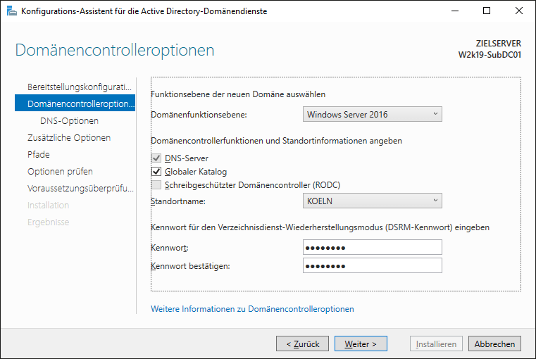 Auswahl des Funktionslevel der Domäne und des Standorts des DCs sowie Eingabe des DSRM-Kennworts