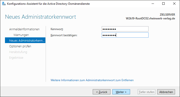 Eingabe des neuen Kennworts für den lokalen Administrator des Servers