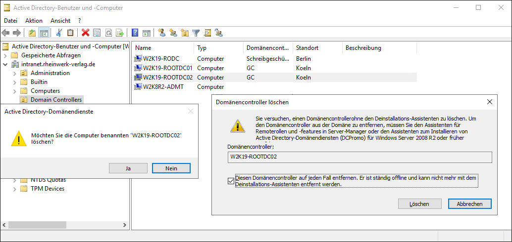 Das Computerobjekt des DCs »W2k19-RootDC01« hart aus dem AD entfernen
