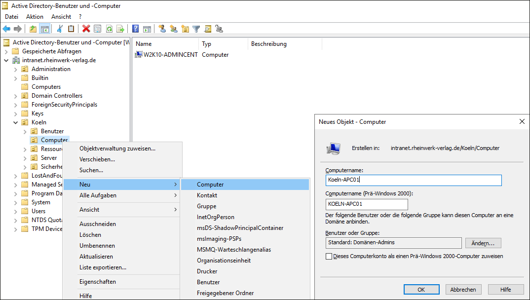 Erstellung des neuen Computerobjekts vor dem Domänenbeitritt