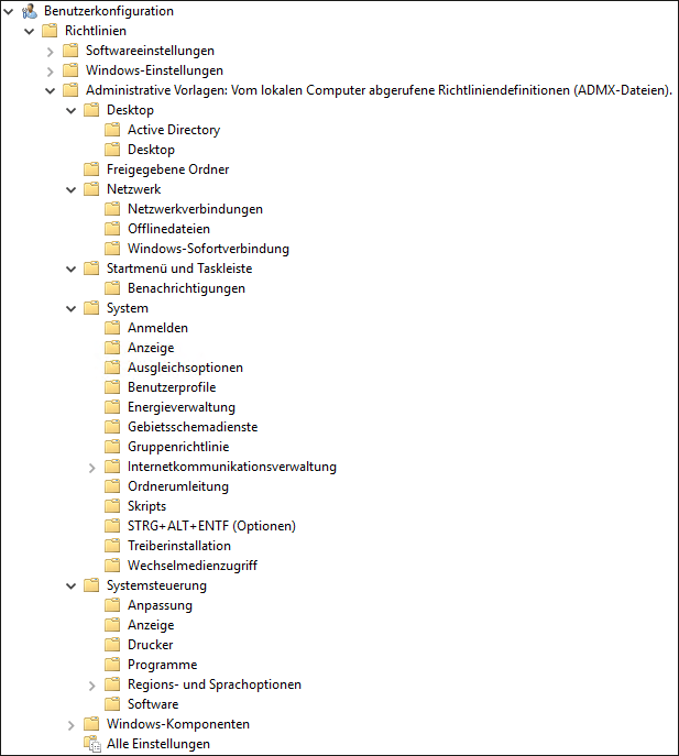 Die administrativen Vorlagen der Benutzerkonfiguration nach Inbetriebnahme des Active Directory