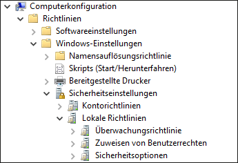 Mögliche Einstellungsgruppen für Sicherheitseinstellungen