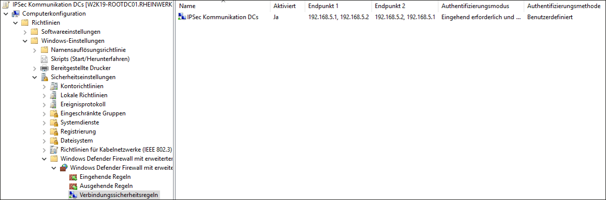 Eingerichtete IPSec-Verbindung zwischen den DCs der Domäne