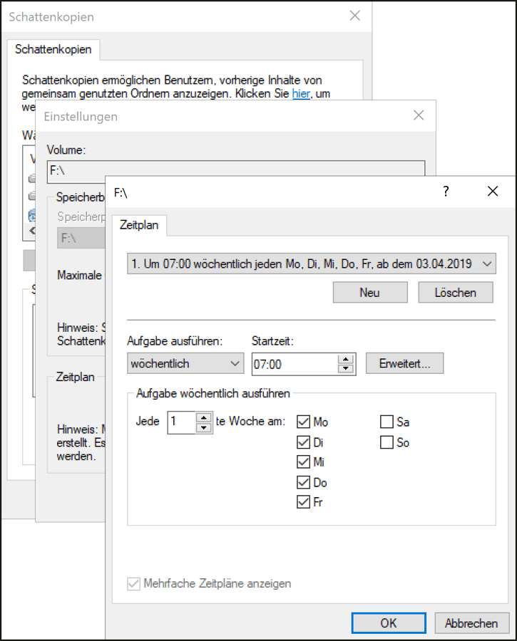Hinterlegen von Zeitplänen für das Erstellen von Schattenkopien