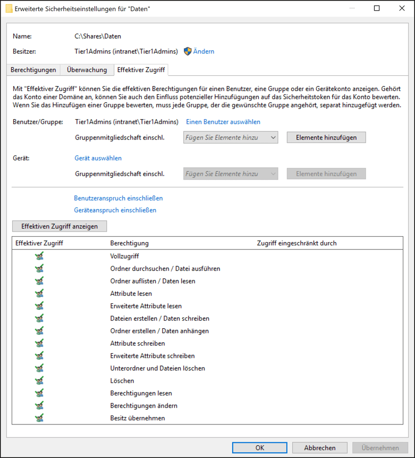 Überprüfung des effektiven Zugriffs für ausgewählte Benutzer, Gruppen oder Geräte