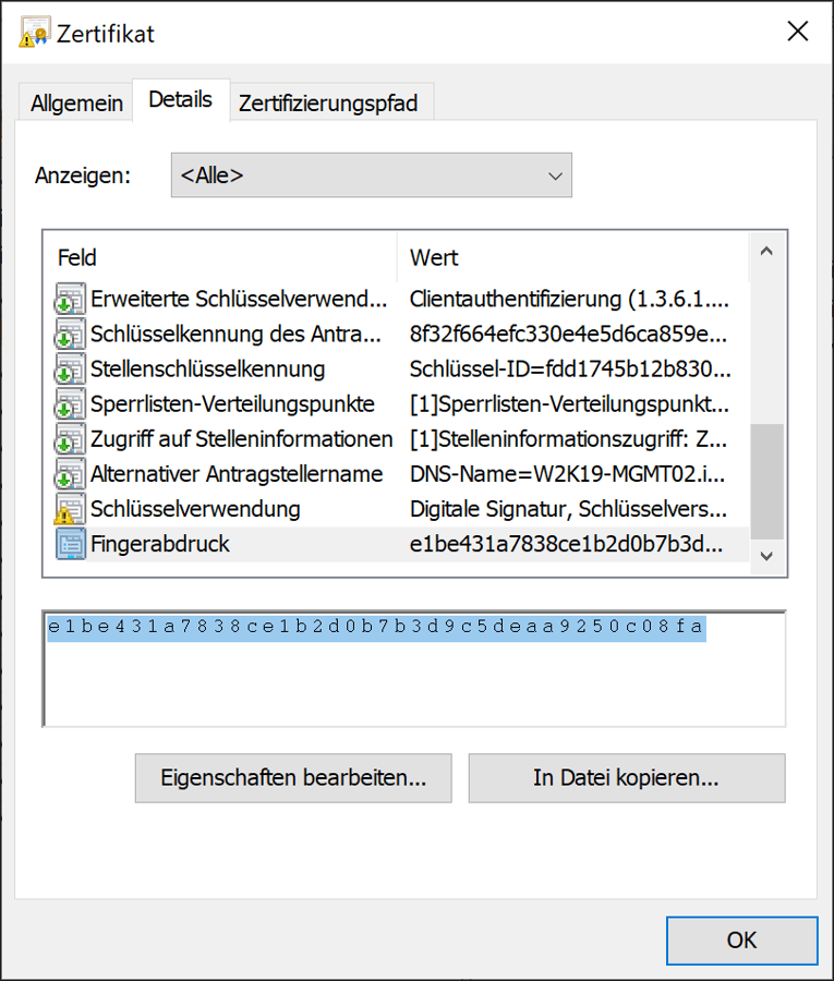 Eigenschaften des erstellten Zertifikats