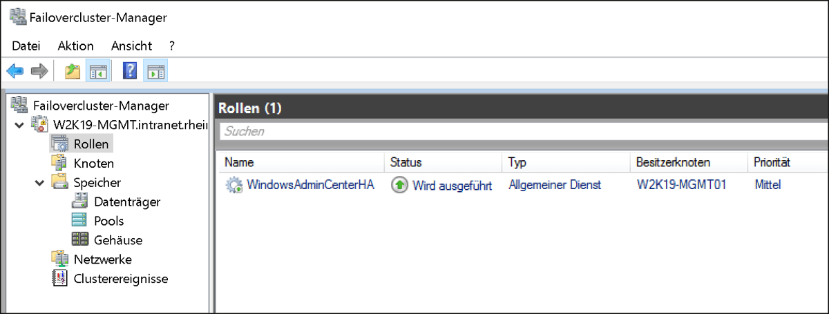 Windows Admin Center – die Clusterrolle nach der erfolgreichen Installation