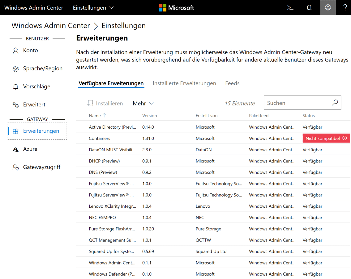 Windows Admin Center – »Einstellungen • Gateway • Erweiterungen«