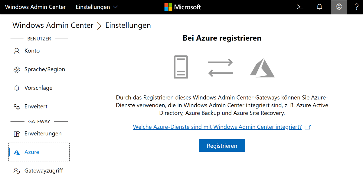 Windows Admin Center – »Einstellungen • Gateway • Azure«