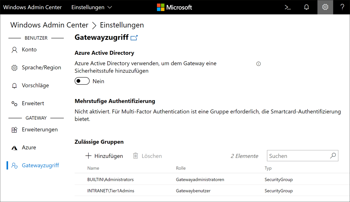 Windows Admin Center – »Einstellungen • Gateway • Gatewayzugriff«