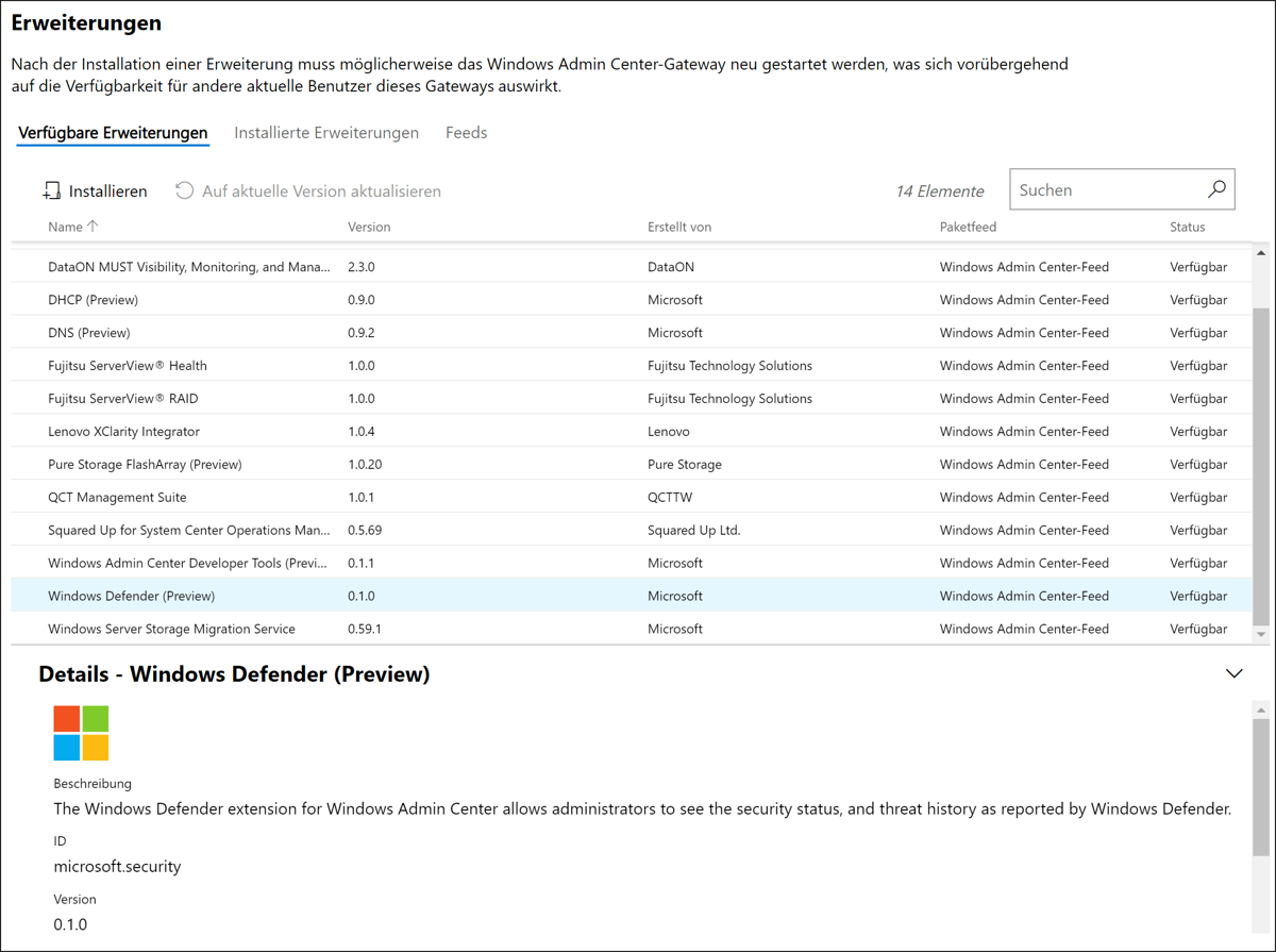 Verfügbare »Windows Admin Center«-Erweiterungen