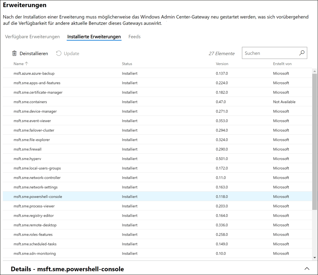 Installierte »Windows Admin Center«-Erweiterungen