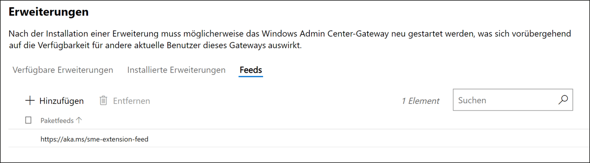 Hinterlegte Paketfeeds im Windows Admin Center