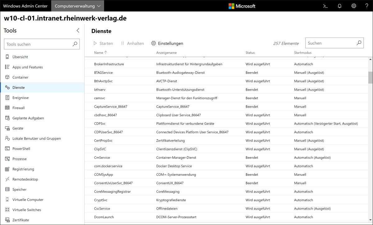 Auflistung der Betriebssystemdienste im Windows Admin Center