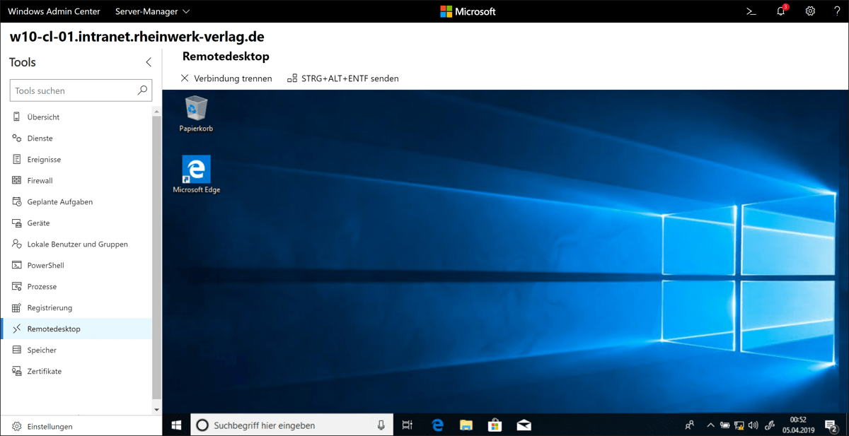 Remote-Verbindung, hergestellt durch das Windows Admin Center