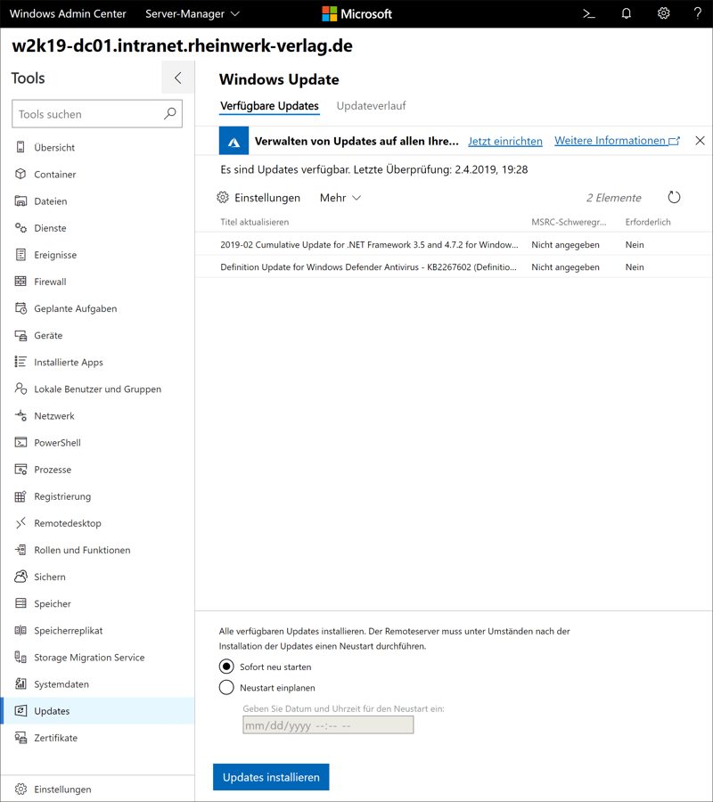 Windows Admin Center – Zugriff auf den »Windows Update«-Dienst des Zielsystems