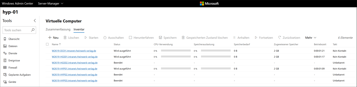 »Inventar«-Ansicht Ihrer virtuellen Computer