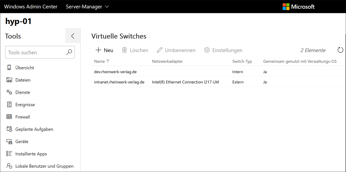 Übersicht der vorhandenen virtuellen Switches des Zielsystems