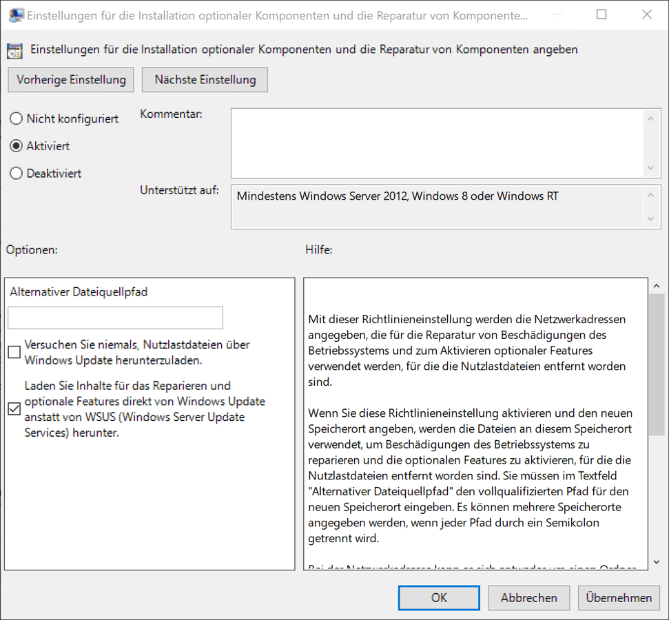 Anpassung der WSUS-Gruppenrichtlinie bezüglich optionaler Windows-Features