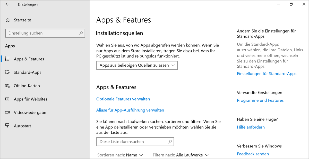 Windows-Einstellungen »Apps & Features«