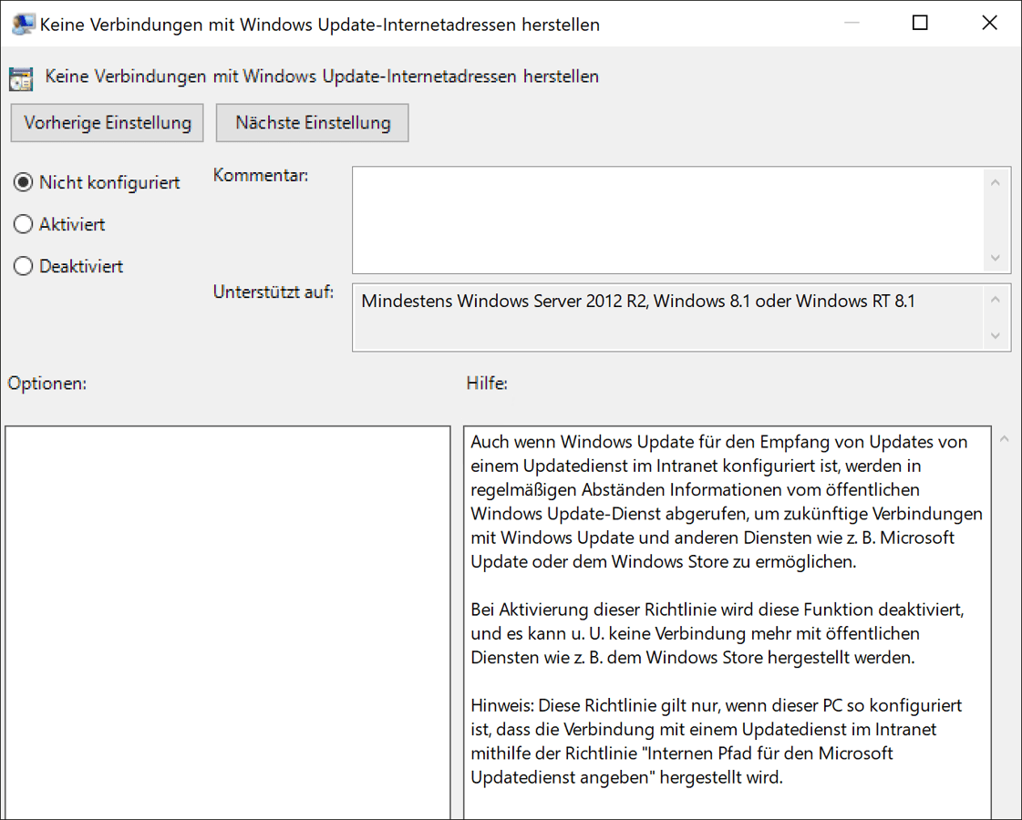 Gruppenrichtlinie zum Unterbinden der Abfrage von Windows Update