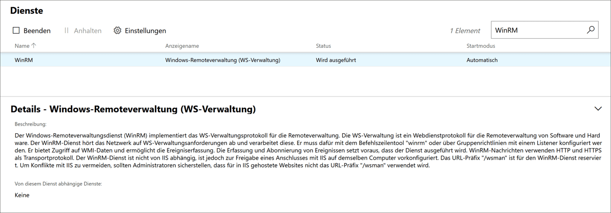 Der WinRM-Dienst in der Übersicht der Dienste im Windows Admin Center