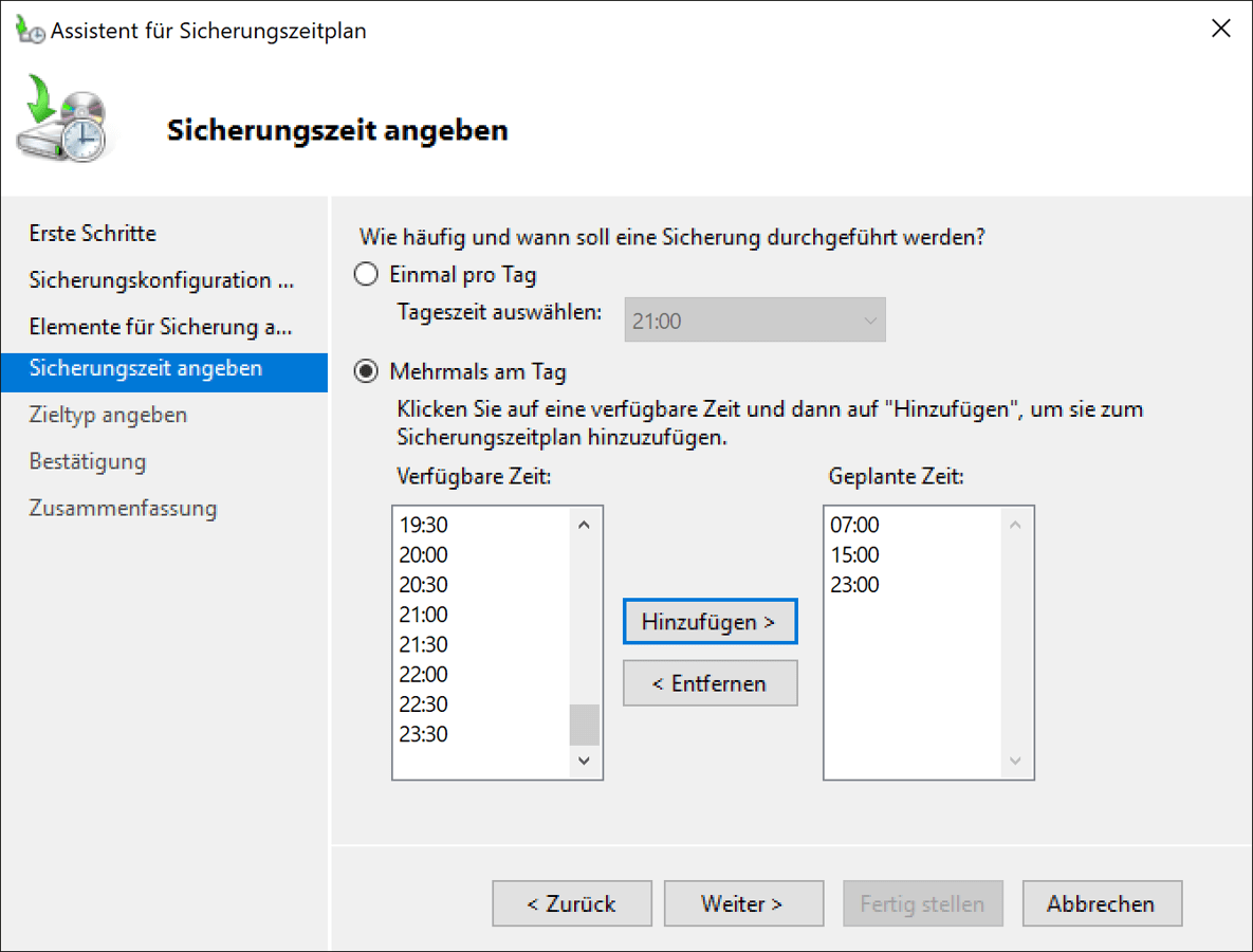 Erstellen des Sicherungszeitplans für den Sicherungsauftrag