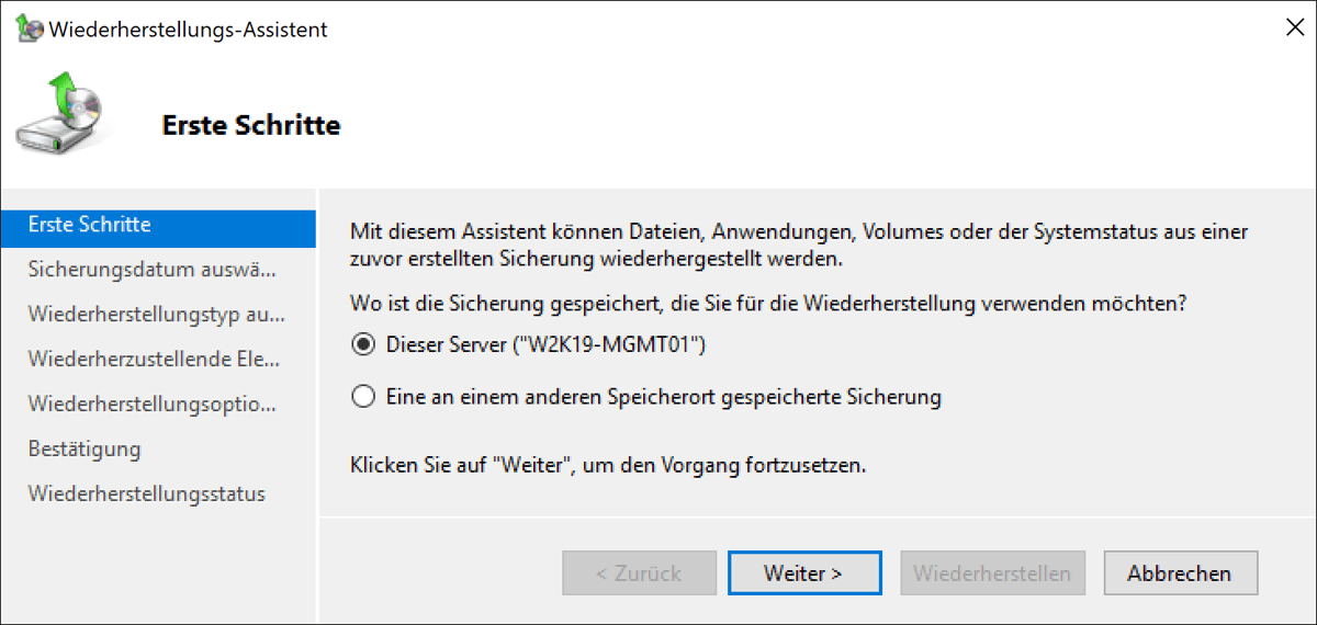 Auswahl der wiederherzustellenden Datensicherung