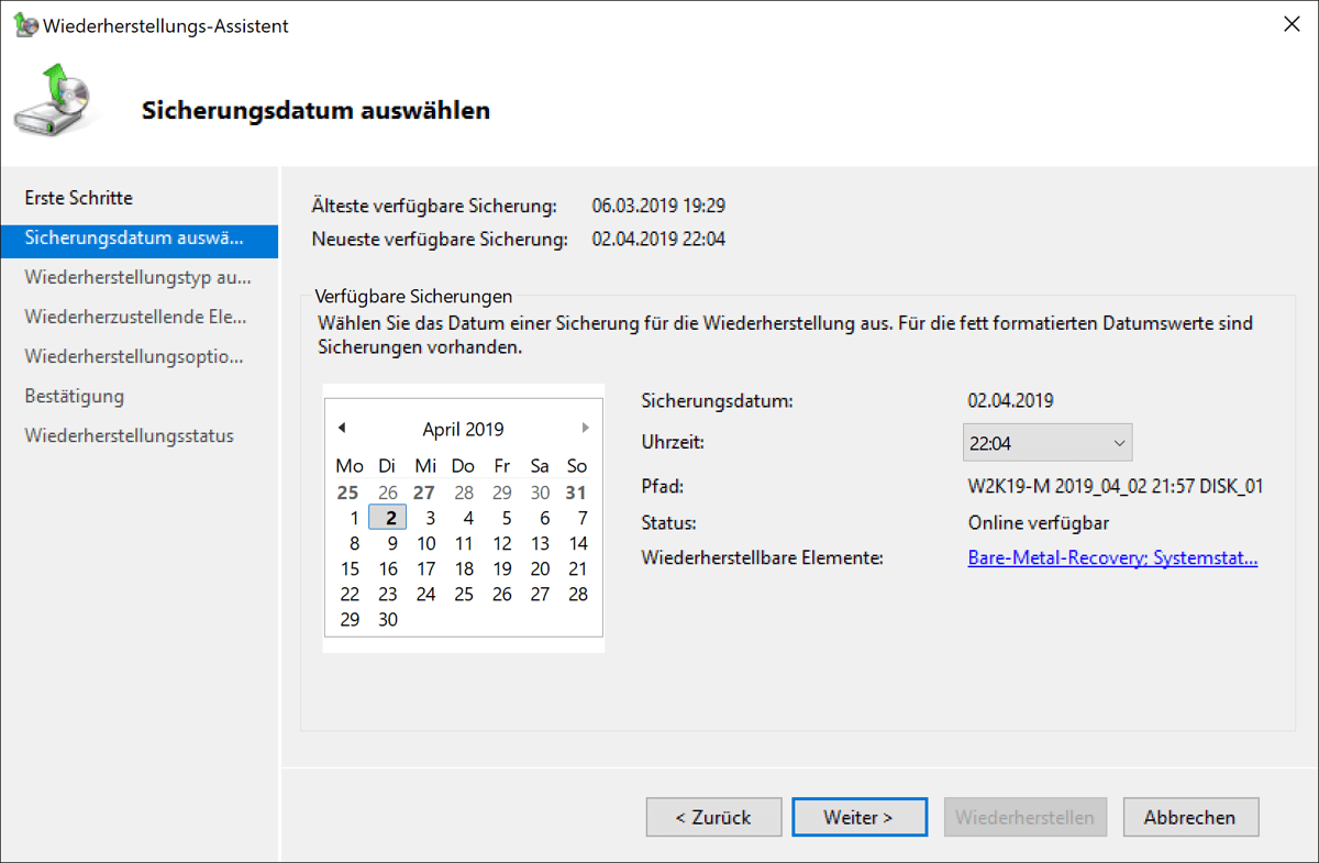 Auswahl der Datensicherung nach Sicherungsdatum