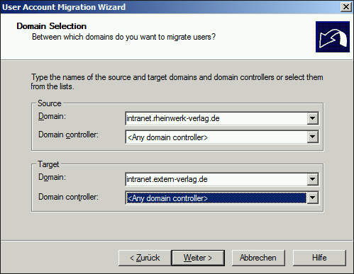 Auswahl der Quell- und Zieldomäne mit den dazugehörigen DCs