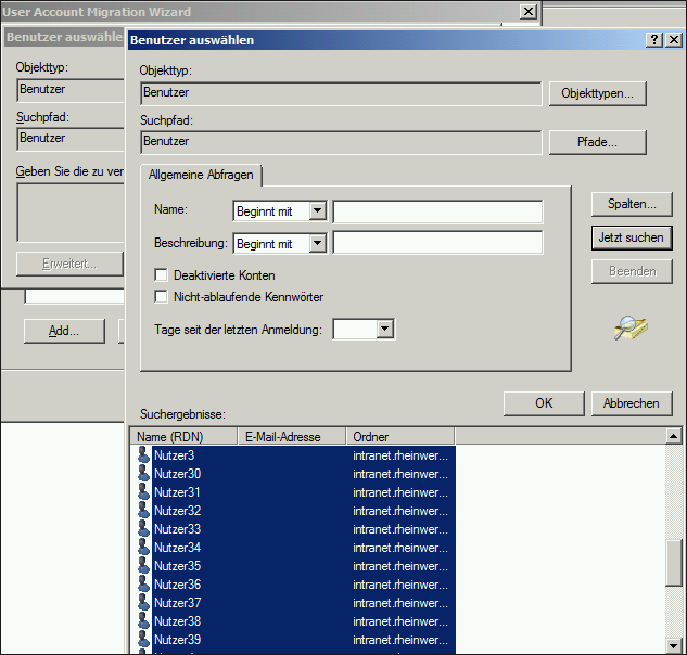 Ergebnis der Suche nach Nutzerobjekten in der OU »Benutzer« der Quelldomäne