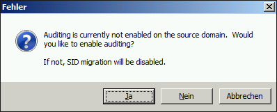 Hinweis, dass das AD-Auditing noch nicht aktiviert, aber notwendig ist