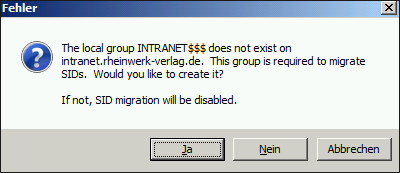 Hinweis, dass die Sicherheitsgruppe »Intranet$$$« noch nicht existiert, aber erforderlich ist