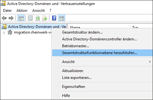 Das Kontextmenü zu »Active Directory-Domänen und -Vertrauensstellungen«