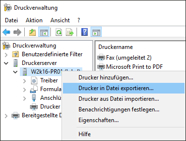 Auswahl des Menüpunkts »Drucker in Datei exportieren« aus dem Kontextmenü